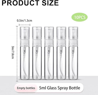 Refillable 5ml Mini Glass Spray Bottle, 10 Pcs Travel Size Perfume Atomizer for Refilling & Sampling, Empty Small Essential Oil Sprayer Containers, Leak Proof Mist Bottles for Travel