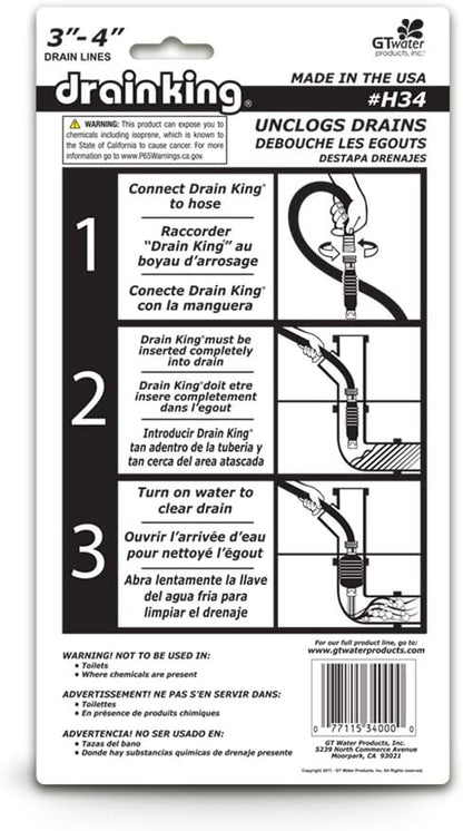 Drain King H34 Unclogs Sewer Lines, Main, and Outside Deck Drains, 3 To 4 Inch