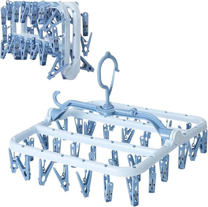 Foshine Clothes Drying Racks Foldable Clip Hangers Drip Hanger Plastic with 32 Drying Clips Wind-Proof Hook Underwear Hanger for Socks Bras (Blue)