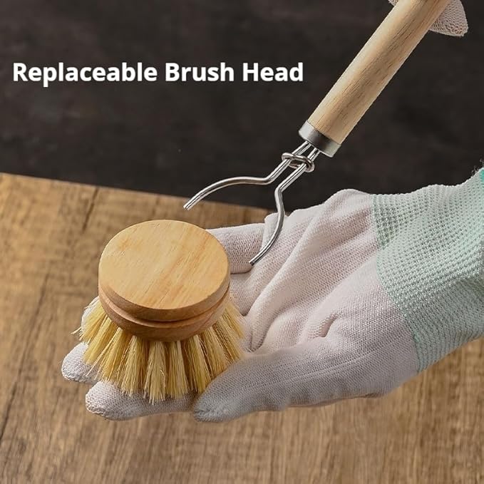 Bamboo Dish Brush - Kitchen Scrub Brushes with 3 Replacement Heads | Natural Bristle | Sisal | Horse Hair - Pot Brush with Wooden Handle for Cleaning Grills, Pans, Stoves