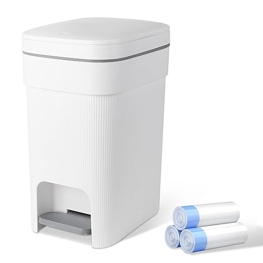 JiatuA Small Bathroom Trash Can with Lid Soft Close, 2.6 Gallon Step Garbage Can Slim Trash Bin Wastebasket for Kitchen Bedroom Office Living Room Toilet College Dorm, White