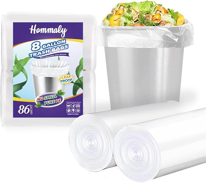Hommaly 8 Gallon 86 pcs Medium Clear Trash Bags Strong Clear Garbage Bags, Bathroom Trash Can Bin Liners, Plastic Bags for Office, Fit 7gallon,8 gallon Waste Basket Liner7,8Gal(8G86-Clear)