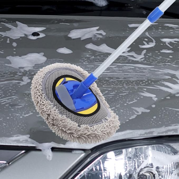 2pcs Car Wash Brush Mop Kit with Soft Scratch-Free Chenille Replacement Heads, Long Handle Extendable Car Cleaning Brushes for Exterior Care and Garage Use