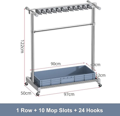Movable Broom Mop Holder, Floor Standing Cleaning Tool Cart Storage, Freestanding Cleaning Supplies Organizer Wet Mop Drain Rack Housekeeping Station Storage Tools for Home Garage Schools
