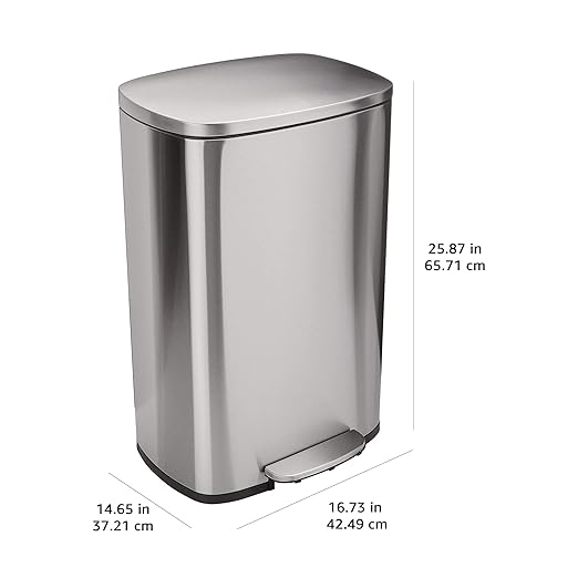 Amazon Basics LARGE Trash Can, 13.2 Gallon (50L), Smudge Resistant Rectangular Bin with Soft-Close Lid, Step Foot Pedal, Removable Inner Bucket, Brushed Stainless Steel, Satin Nickel Finish