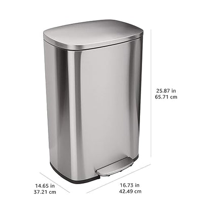 Amazon Basics LARGE Trash Can, 13.2 Gallon (50L), Smudge Resistant Rectangular Bin with Soft-Close Lid, Step Foot Pedal, Removable Inner Bucket, Brushed Stainless Steel, Satin Nickel Finish