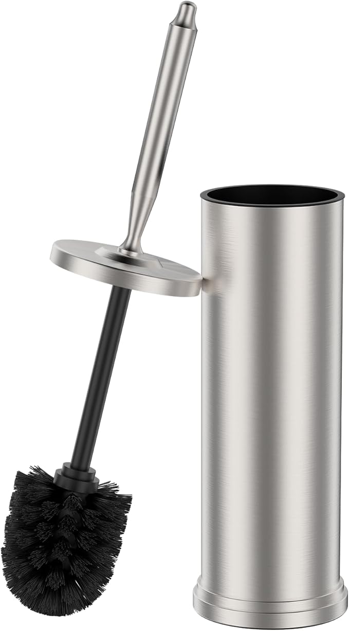 Premium 304 Stainless Steel Toilet Brush and Holder: Weighted Stable Base, Removable Inner Tube, Splash-Proof Design for 360° Thorough Cleaning & Space-Saving Storage,Nickel