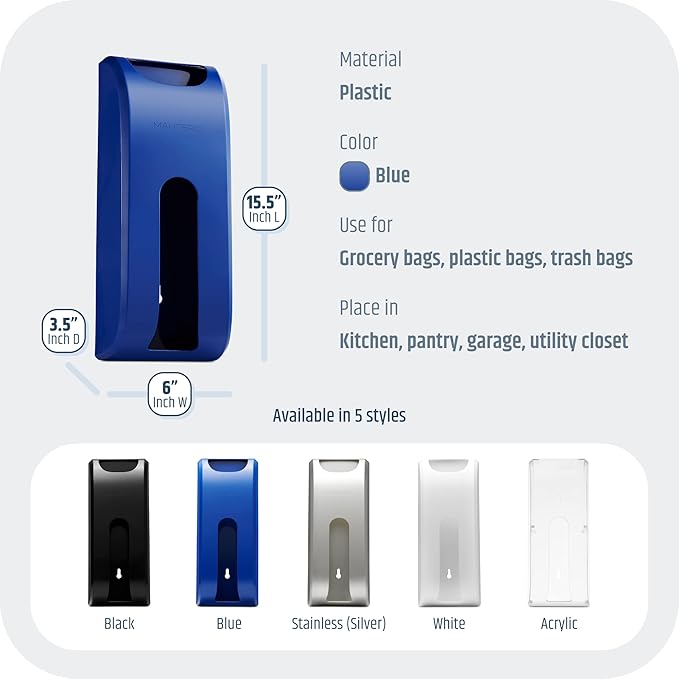 Manterio Plastic Bag Holder | Durable Plastic Wall Mount Kitchen Grocery Bag Storage Organizer | Smudge Proof, Fingerprint Resistant | Blue