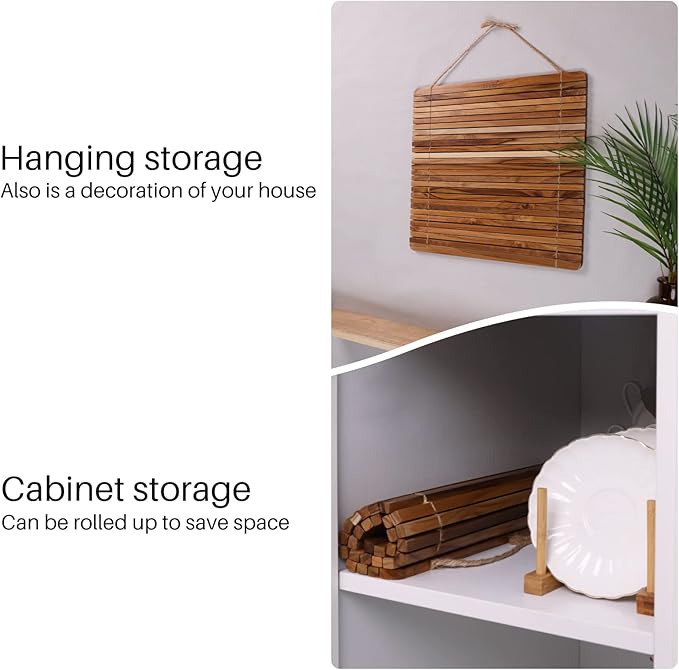 HTB Over Sink Dish Drying Rack 17.8'' x 16.1, Kitchen Teak Wood Roll Up for Dishes,Plates, Bowls, Wooden Cover Counter Space