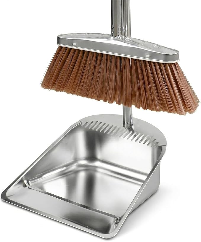 Stainless Steel Broom and Dustpan Set, 2-Piece, Long Handle Standing Design with Comb Teeth, Heavy Duty Windproof Upright for Home, Kitchen, Indoor Outdoor Use (Silver Teeth)