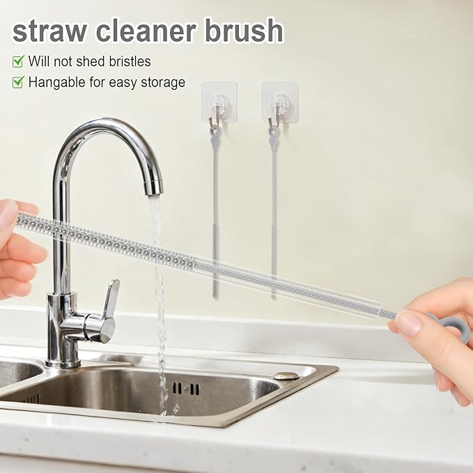 Silicone Straw Cleaner Brush, 4Pcs Reusable Straw Brush Set with Extra-Long Design for Cleaning Thin Metal Straws and Wider Milkshake Straws （6mm+9mm Gray)