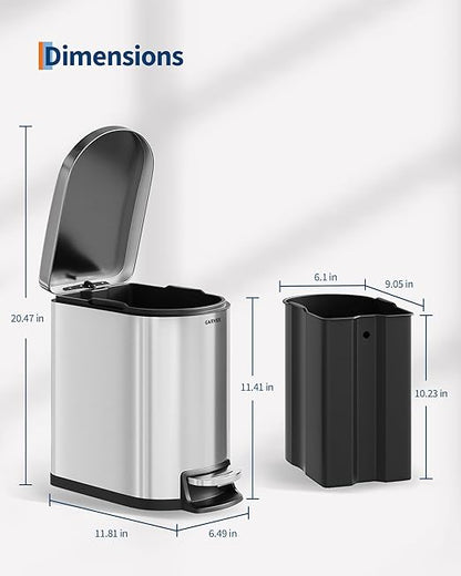Garvee 1.6 gal / 6 L Stainless Steel Bathroom Trash Can with Lid, Slim Waterproof Garbage Can for Bedroom, Small Step-on Metal Trash Bin with Inner Bucket, Rear Handle, Soft Close Lid, Silver