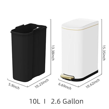KSSKSS 2.6 Gallon Slim Bathroom Trash Can with Soft Close Lid, 10L Stainless Steel Garbage Can with Removable Liner Bucket, for Narrow Spaces, Bathroom, Bedroom (White)