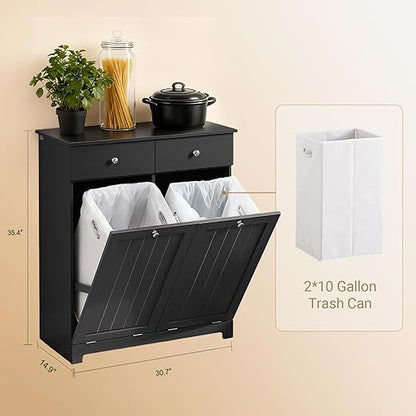 Double Tilt Out Trash Can Cabinet – Hidden Wooden Kitchen Trash Bin Cabinet with 2x10 Gallon Garbage Can, Pet Proof Tilt Out Garbage Holder, Storage Cabinet for Trash in Kitchens, Black, BZR33