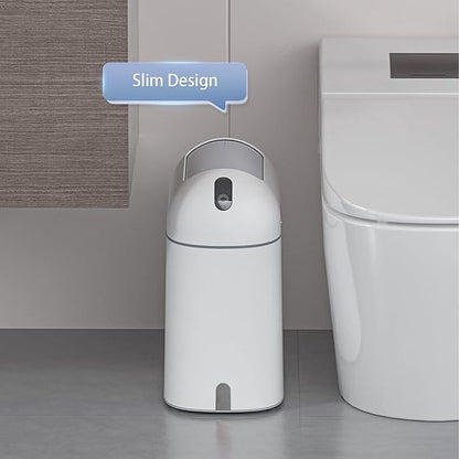 ELPHECO Bathroom Trash Can, 2.5 Gallon Motion Sensor Waterproof Trash Bin with Butterfly lid, Bathroom Decor Waste Basket Garbage Bin for Bedroom Kitchen and Office use, White with Grey Button