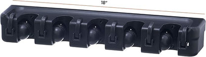 Superio Mop and Broom Holder 2 Pack Wall Mount Black Cleaning Tools Wall Organizer, 3 Rack Slots / 4 Hooks for Kitchen Closet, Garage, Garden, Office