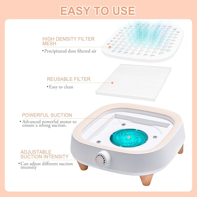 Powerful Nail Dust Collector - 130W Electric Low Noise Dust Collector Nail Tech Lint Free - Adjustable Vacuum Fan Vent Dust Collector Extractor for Acrylic Gel Nail Salon, White