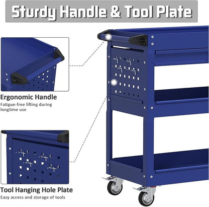 3 Tray Rolling Tool Cart with Drawers, 400 LBS Capacity Mechanic Tool Cart on Wheels, Heavy Duty Utility Cart with Pegboard, Metal Work Cart for Garage and Repair Shop, Blue