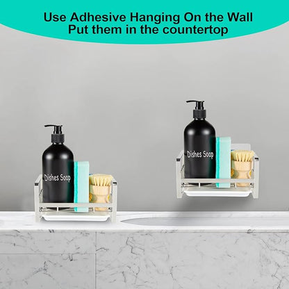TEZZ Sponge Holder for Kitchen Sink, Stainless Steel Kitchen Storage Sink Caddy for Organizing Sponge, Brush & Dish Soap Dispenser, Sink Organizer Rack with Adhesive or Counter top, Silver