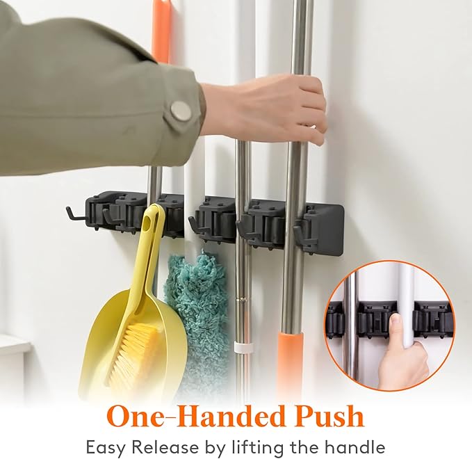 Lifewit Mop and Broom Holder Wall Mount, Anti-Slip Broom Hanger for Cleaning Supplies Organizer, Easy Install Tool Hanging Rack for Closet, Kitchen, Garage, 5 Slot 6 Hooks, Hold 30lbs, Black, 1 Pack