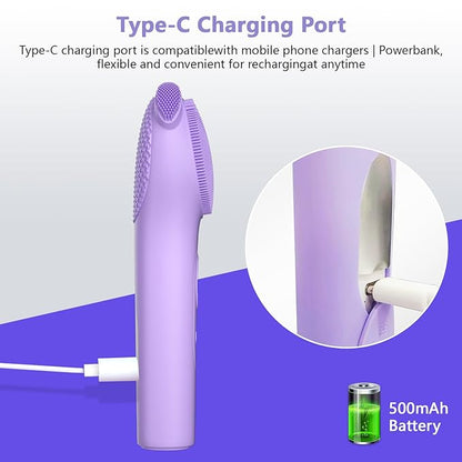 Silicone Face Scrubber, Waterproof Rechargeable Facial Cleansing Brush, 5 Cleansing Modes with Nose Brush for Women & Men Electric Face Wash Brush for Deep Cleaning Exfoliating, Massaging Purple