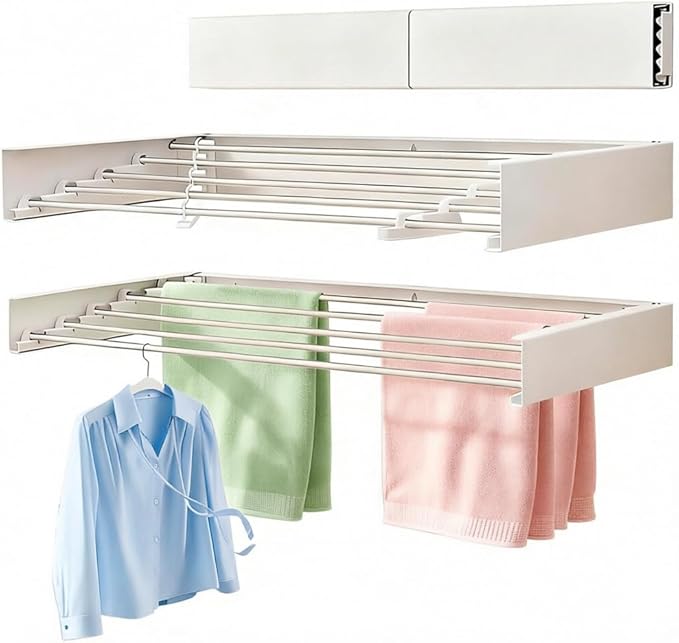 Wall Mounted Clothes Drying Rack 32", Collapsible Space Saving Laundry Drying Rack with 50 lb Capacity, Laundry Room Organization for Clothes, Foldable, 5 Rods, White