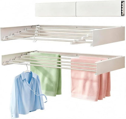 Wall Mounted Clothes Drying Rack 32", Collapsible Space Saving Laundry Drying Rack with 50 lb Capacity, Laundry Room Organization for Clothes, Foldable, 5 Rods, White