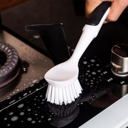 Dish Brush with Handle, Dish Scrub Brush with Built-in Scraper, Nylon Dish Scrubber, Kitchen Brushes for Dishes,Pots, Pans and Sinks 2 Pack