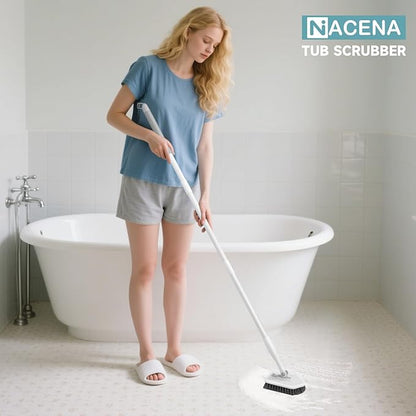 nacena Shower Scrubber with Long Handle, 4 in 1 Tile Tub Scrubber Brush with 3 Detachable Cleaning Shower Heads and Floor Squeegee Shower Cleaner Brush for Bathroom Kitchen Tub Sink Floor, Grey White
