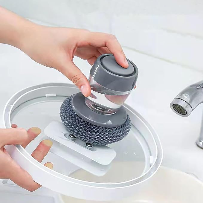 Soap Dispensing Dish Brush, 2 in 1 Kitchen Scrub Brush with Built in Soap Dispenser, Replaceable Dish Scrubber Bristles with Ergonomic Handle for Cleaning Dishes Pots Sinks (1)