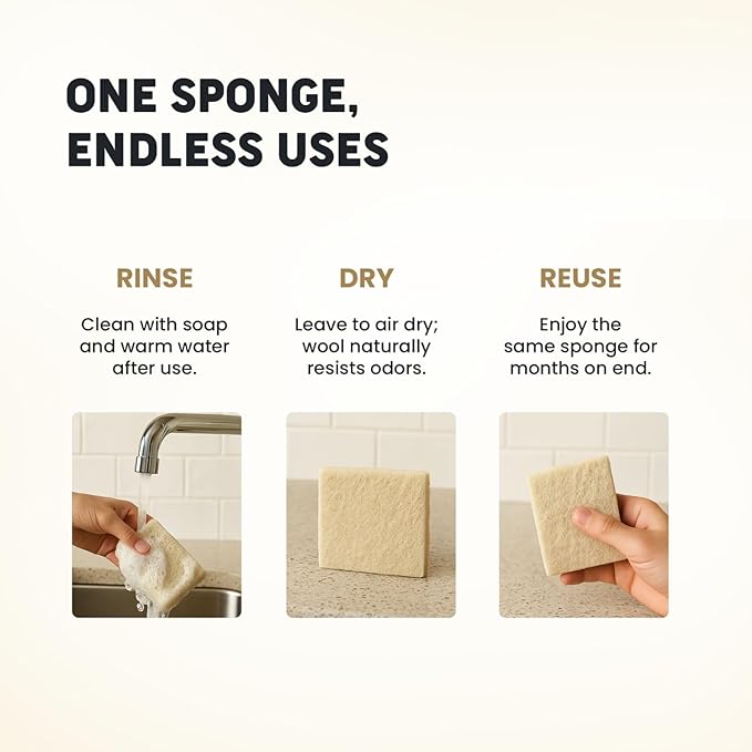Scalise Family Sheep Farm Wool Dish Sponge 5"x5" – Natural Sponge Dish Non Scratch | Organic Kitchen Sponges for Sink Cleaning | Long Lasting Wool Scrubber for Kitchen
