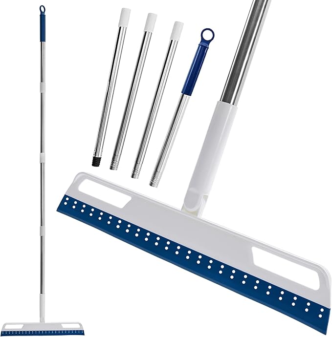 Multifunction Rubber Air Broom, Silicone Broom with 56" Long Handle, 4 in 1 Rubber Squeegee Sweeper for Floor Bathroom Kitchen Shower Tile Pet Hair Fur Marble Glass Water Window Foam Cleaning (Blue)