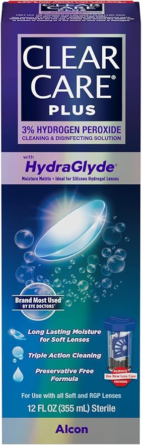 CLEAR CARE PLUS Cleaning & Disinfecting Contact Lens Solution (12 oz, Pack of 1), HydraGlyde Moisture Matrix, For Soft & RGP Lenses, Preservative-Free, Included Lens Case, Deep Cleaning Action