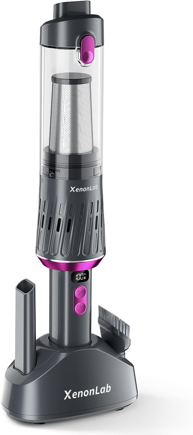 Handheld Vacuum Cordless 25000Pa Car Vacuum 3-in-1 Handheld Vacuum, Includes Smart Display and Charging Base Hand Vac Cordless Rechargeable One-Touch Empty for Home/Pet/Car (Purple)