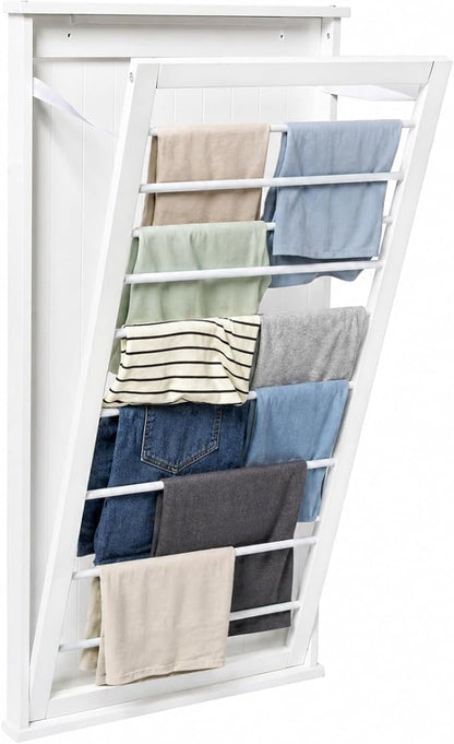 Honey-Can-Do Wall-Mounted Wooden Clothes Drying Rack with Drying Rod, Foldable Space-Saving Laundry Rack, Holds 30 lbs, Stylish White MDF Design for Laundry Room Bathroom, 23"W x 42"H