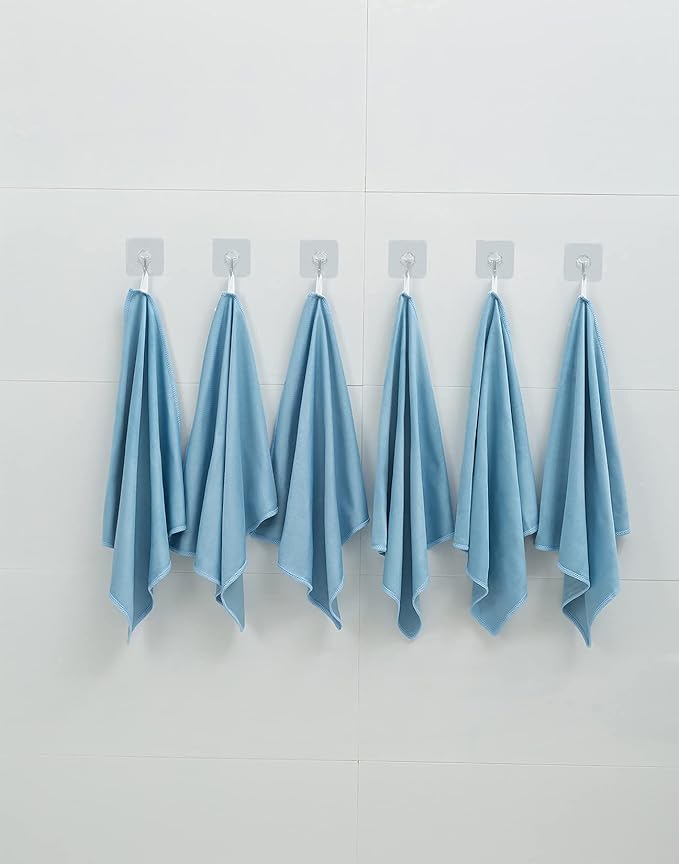 Puomue 6 Pack Microfiber Glass Cleaning Cloth, 16 Inch X 16 Inch, Lint Free Quickly Clean Window, Glasses, Windshields, Mirrors, and Stainless Steel, Blue