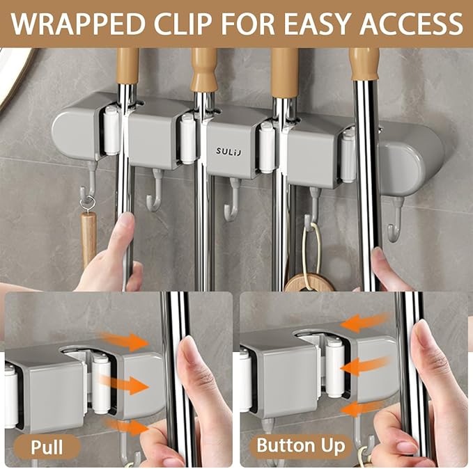 3PCS Broom Holder Wall Mount, No-Drilling Self-Adhesive Mop and Broom Storage Rack (4 Racks with 5 Hooks),Wall-Mounted Broom Hanger for Bathroom, Kitchen, Closet, Garage (Gray)