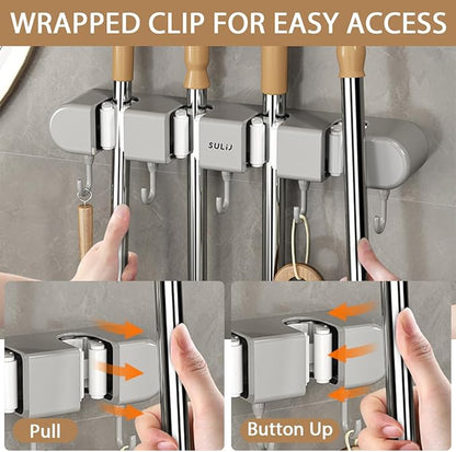 3PCS Broom Holder Wall Mount, No-Drilling Self-Adhesive Mop and Broom Storage Rack (4 Racks with 5 Hooks),Wall-Mounted Broom Hanger for Bathroom, Kitchen, Closet, Garage (Gray)