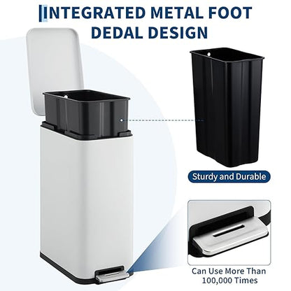 13-Gallon Kitchen Trash Can, 50-Liter Slim Stainless Steel Pedal Trash Bin, Pedal Trash Can with Soft-Close Lid, Fingerprint-Resistant, with Removable Inner Bucket, Suitable for Small Spaces, White