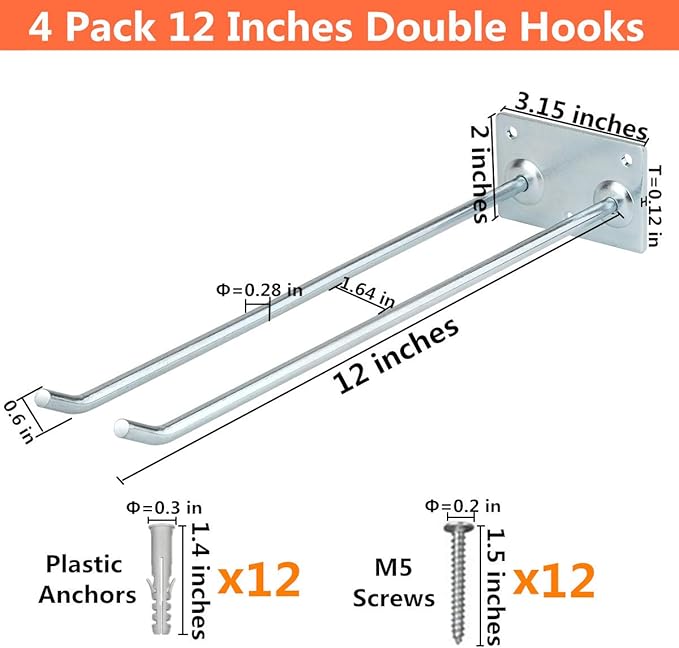 Wall Mounted Steel Long Handled Tools Storage Hooks, 12 Inch Steel Garage Utility Double Rack Organizing Ladders, Rakes, Hose, Shovel, Brooms, Max Capacity 55Lbs (Pack of 4)