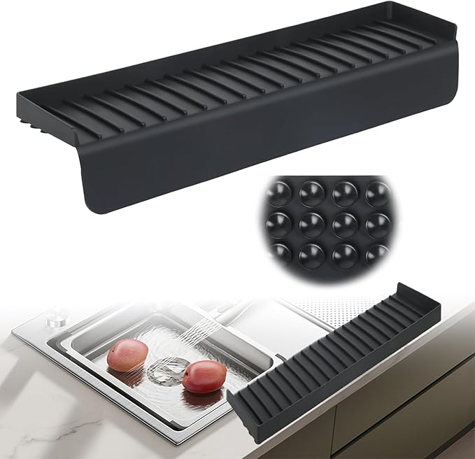 Silicone Sink Edge Protector with Suction Cup 4" x 20",Kitchen Sink Splash Guard for Kitchen, Bathroom Sink, Steel, Granite, Quartz Countertops,Multifuctional Sink Accessories (Black)