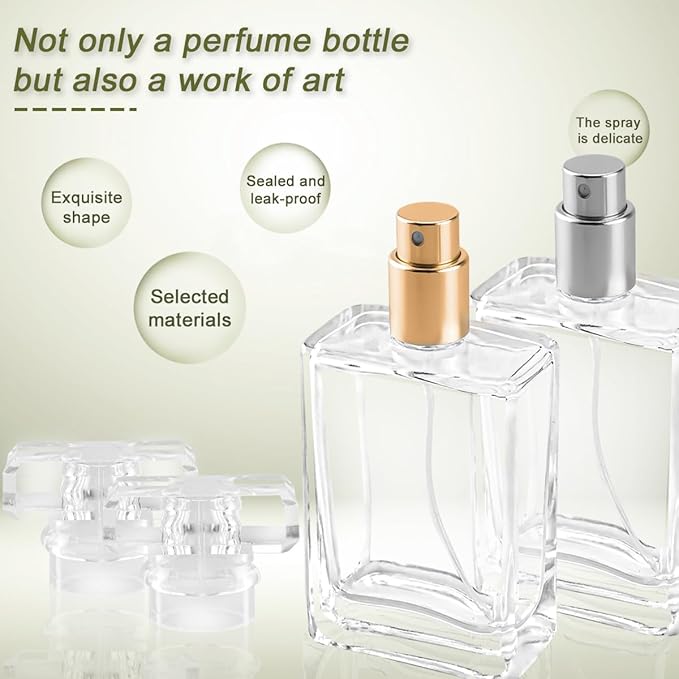 Enenes Glass Perfume Bottles 8 Pack 30ml/1Oz Premium Square Gold & Silver Refillable Atomizer Spray Bottle Leak-Proof Portable Empty Perfume Containers for Travel, Purse, Gym & Home Office Use