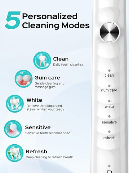 COSLUS Sonic Electric Toothbrush for Kids & Adults C40(DY-108Pro): 47000 VPM for Deep Cleaning with Travel Case - 5 Modes for Sensitive Teeth & Braces, Wireless Charging, 6 Brush Heads, White (1PC)