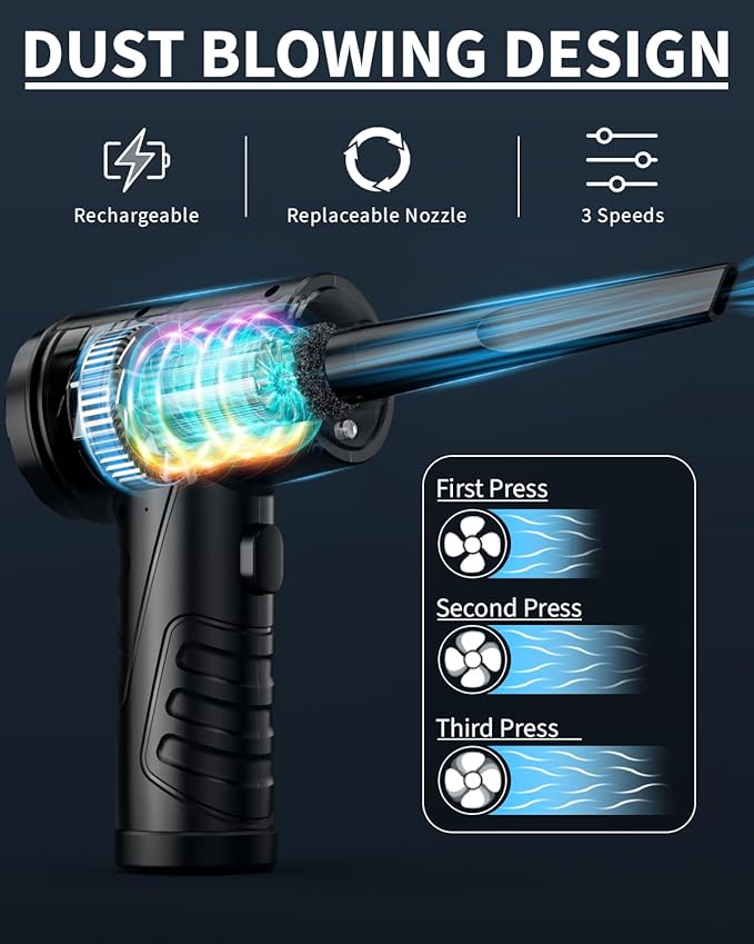 Powerful Compressed Air Duster for Deep Cleaning-Replace Compressed Air Can-No Canned Air Duster-Keyboard Cleaner-PC Cleaning-Rechargeable-3-Speeds-95000RPM Cordless Air Blower-Car Duster 8000mAh