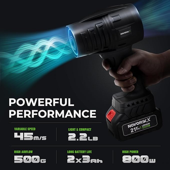 NovorikX 20V Cordless Mini Turbo Leaf Blower, 30000RPM Handheld Snow Blower with 2 X 3.0Ah Batteries & Charger, Ultra-Light, 55m/s for Car/Lawn/Garage Cleaning and Snow Removal