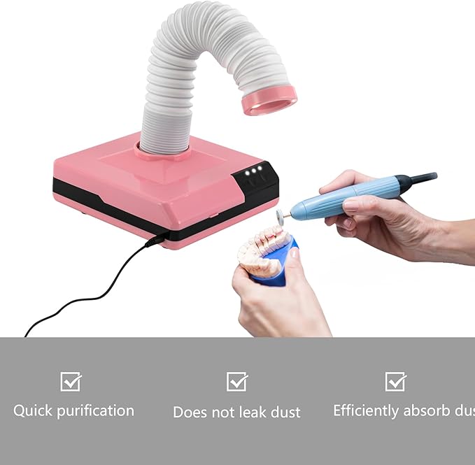 Nail Dust Collector, 2 in 1 Powerful Mini Desktop Vacuum Cleaner with Fan & LED Light, 60W Manicure Dentist Polishing Dust Suction Machine with Large Caliber Hose for Dental Lab Nail Salon (Pink)