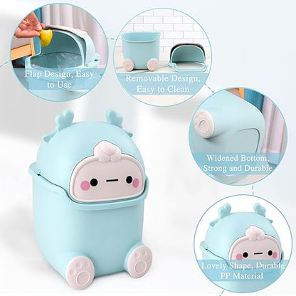 Cute Desktop Trash Can Wastebasket with 90 Trash Bags, Creative Tiny Countertop Garbage Can with Flip Lid, Small Plastic Storage Bin for Bedroom, Bathroom, Kitchen, Office(Sky Blue)