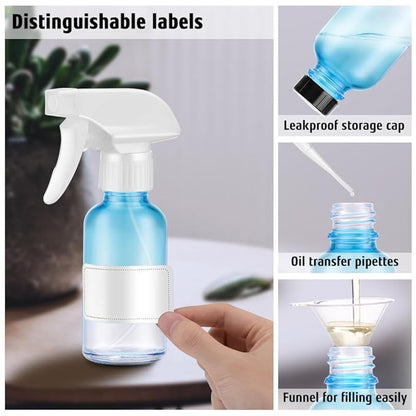 Tecohouse Glass Spray Bottles 4 oz, 2 Pack Spray Bottles for Hair Empty Refillable Fine Mist Sprayer with Labels, Funnel, Pipettes Blue