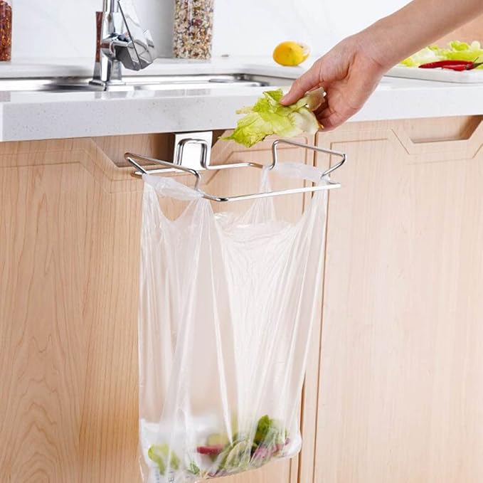 2 Pack Stainless Steel Trash Bag Holder, Garbage Storage Bags Rack, Hanging Garbage Bag Storage Organizer Rack for Kitchen Cabinets Doors and Cupboards Towel Gloves Hanger