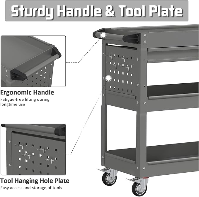 3 Tray Rolling Tool Cart with Drawers, 400 LBS Capacity Mechanic Tool Cart on Wheels, Heavy Duty Utility Cart with Pegboard, Metal Work Cart for Garage and Repair Shop, Grey